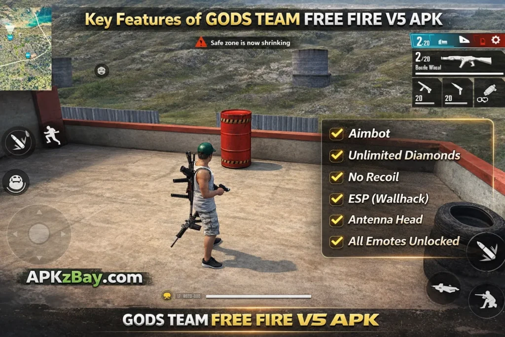 GODS TEAM Free Fire V5 APK gameplay screenshot showing mod features like aimbot, unlimited diamonds, no recoil, ESP wallhack with APKzBay.com branding