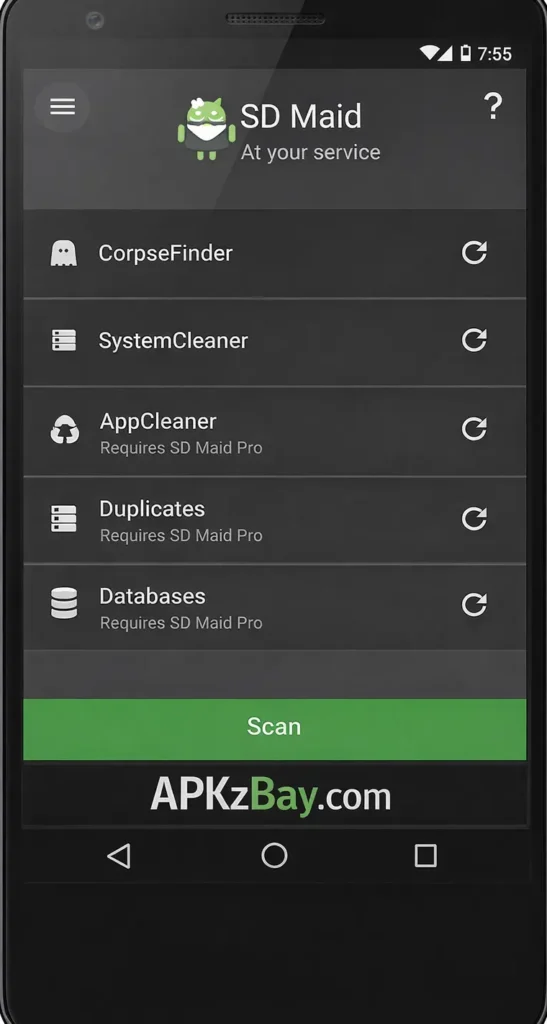 SD Maid app screenshot on Android with APKzBay.com branding and scan button for phone cleanup