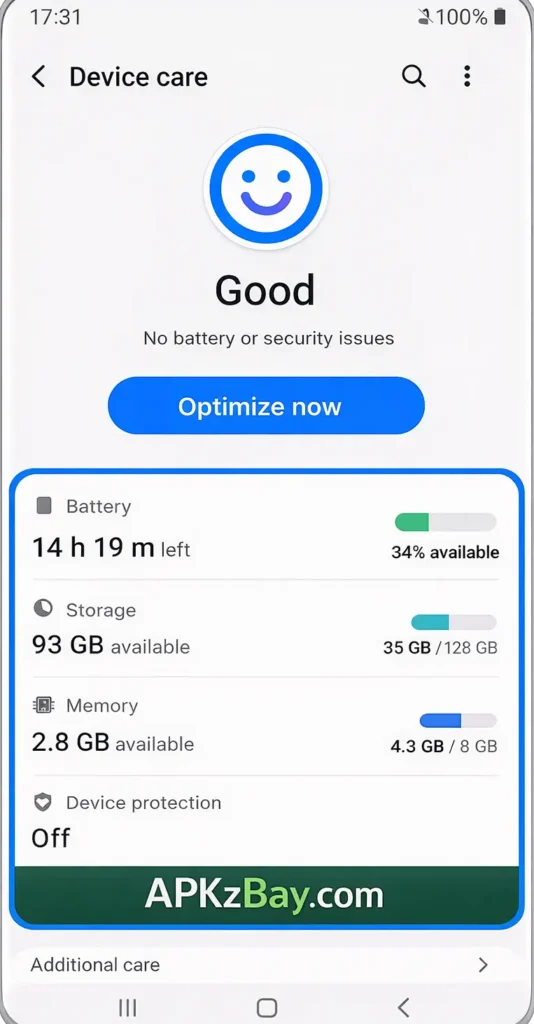 Samsung Device Care screenshot with Optimize now button and APKzBay.com branding for Android performance tips