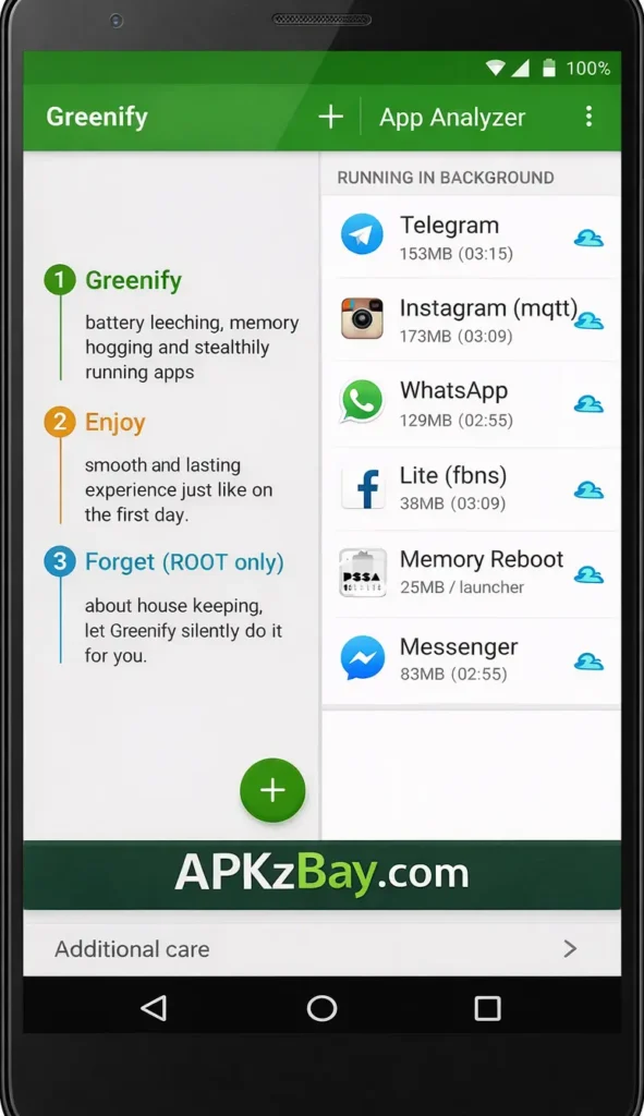 Greenify app screenshot on Android with App Analyzer screen and APKzBay.com branding