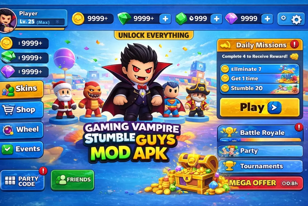 Screenshot of Gaming Vampire Stumble Guys Mod APK showing game options, skins, missions, shop, events, and unlimited coins and gems