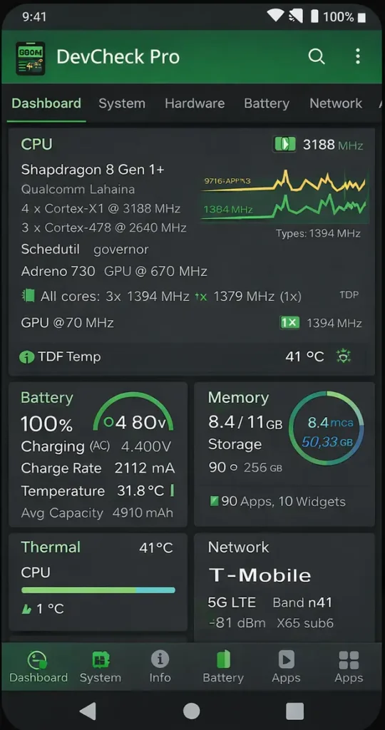 DevCheck Pro APK screenshot showing Android device dashboard with CPU, battery, memory, thermal, and network information