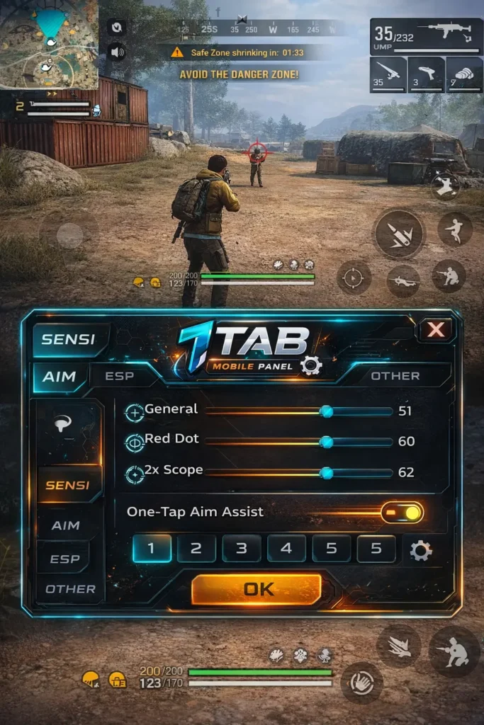 1Tab Mobile Panel game screenshot showing a mobile battle royale HUD with sensitivity controls and one-tap aim settings overlay
