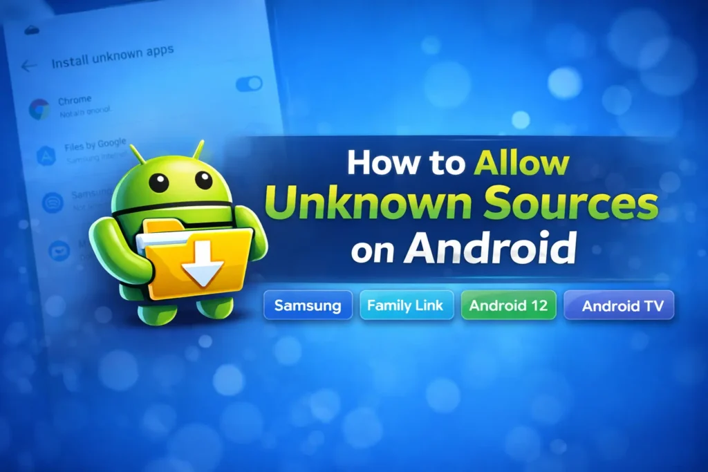 How to allow unknown sources on Android featured image showing Android mascot, install unknown apps screen, and Android device setup options.