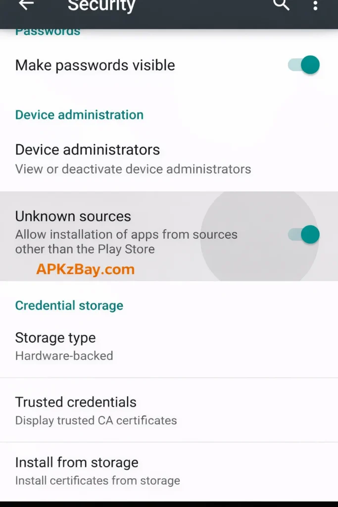 How to Allow Unknown Sources on Android security settings screen with APKzBay.com