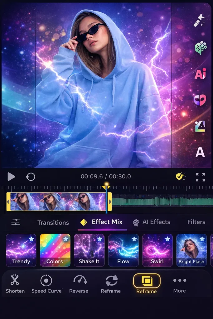 Funimate video editing app screenshot showing effect mix tools, timeline editor, AI effects, filters, and transition options