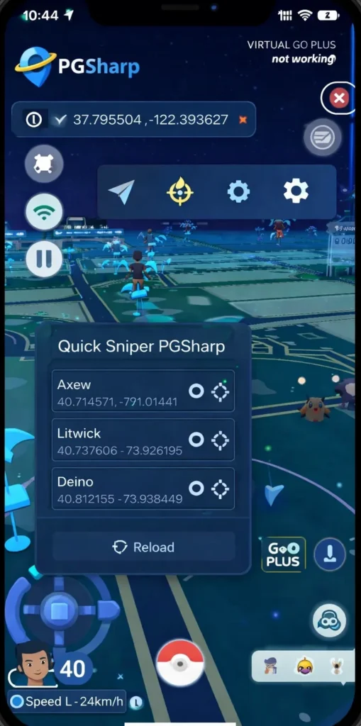 PGSharp Standard Edition APK screenshot showing map interface, quick sniper panel, location controls, and virtual go plus status