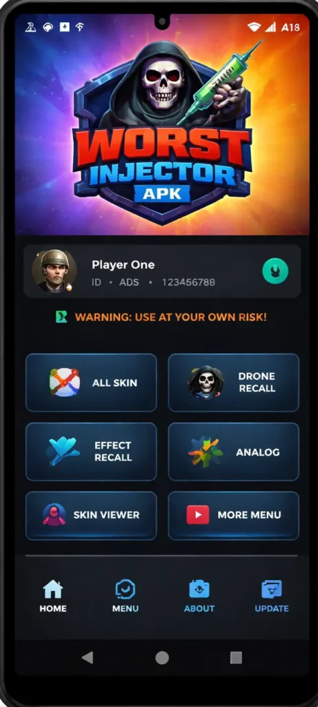 Worst Injector APK latest version screenshot showing gaming interface and injector features