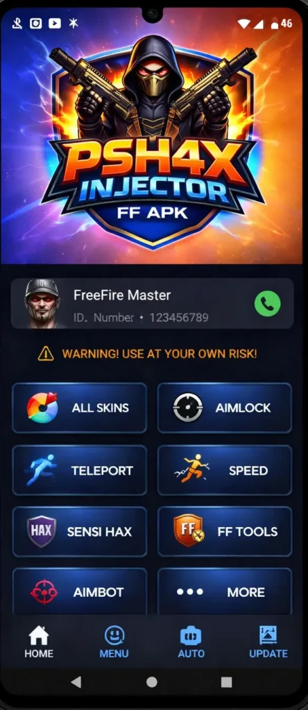 PSH4X Injector FF APK latest version screenshot showing injector features and Free Fire tools