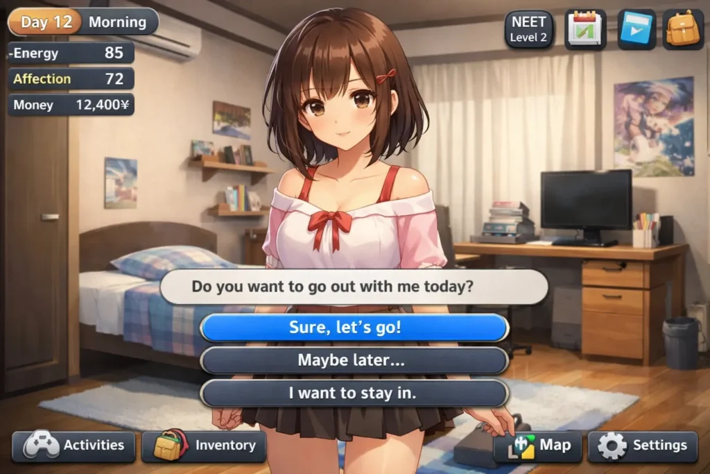 NEET Chan APK gameplay screen featuring character interaction and decision-based dialogue choices