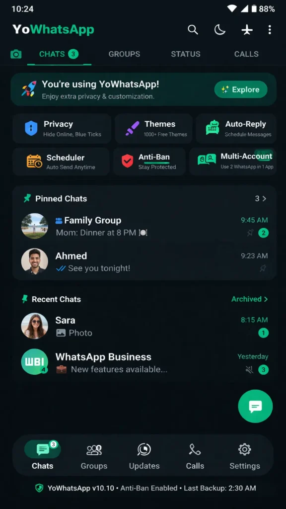 Concept screenshot of YoWhatsApp APK showing a dark home screen with chats, groups, status, privacy tools, pinned chats, recent chats, and bottom navigation