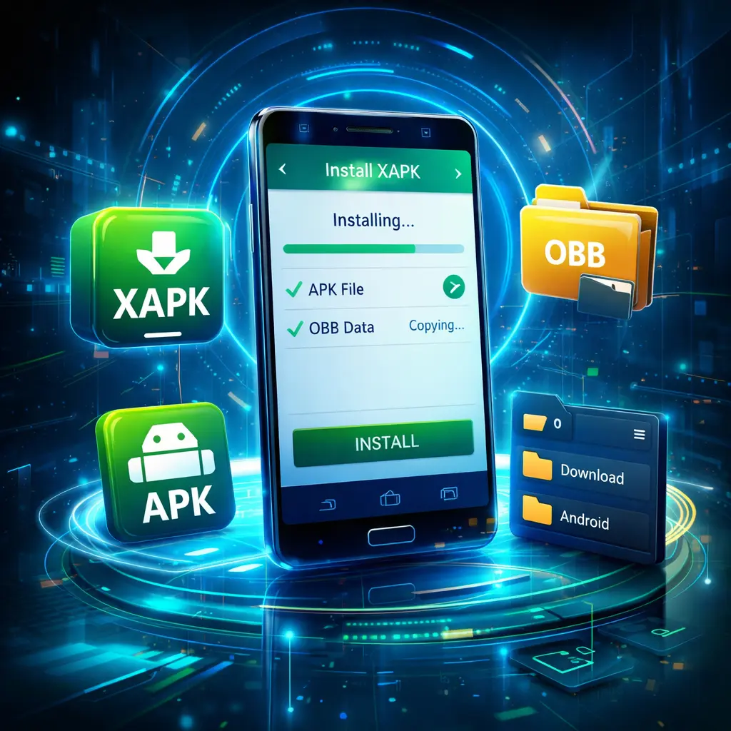 How to Install XAPK File on Android Phone: Futuristic Android device displaying XAPK installation dashboard with APK icon, OBB folder, and floating data folders