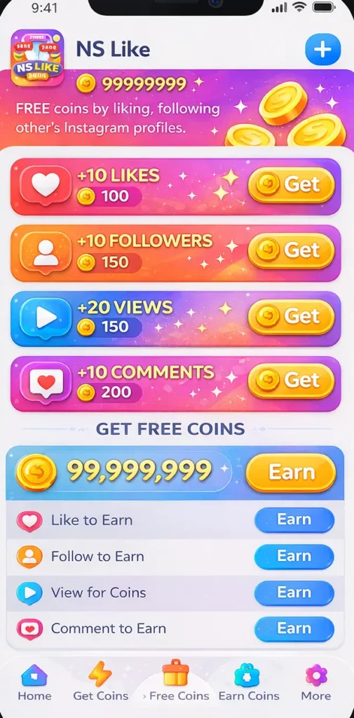 NS Like APK interface screenshot showing likes followers views and coins on Android