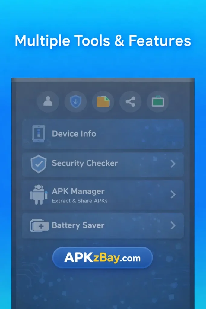 APKzBay.com device tools interface graphic with multiple tools and features on a blue app dashboard screen