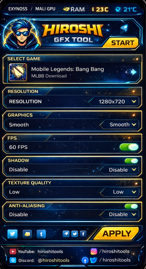 Hiroshi GFX Tool APK interface screenshot showing MLBB graphics, FPS, resolution, and texture settings