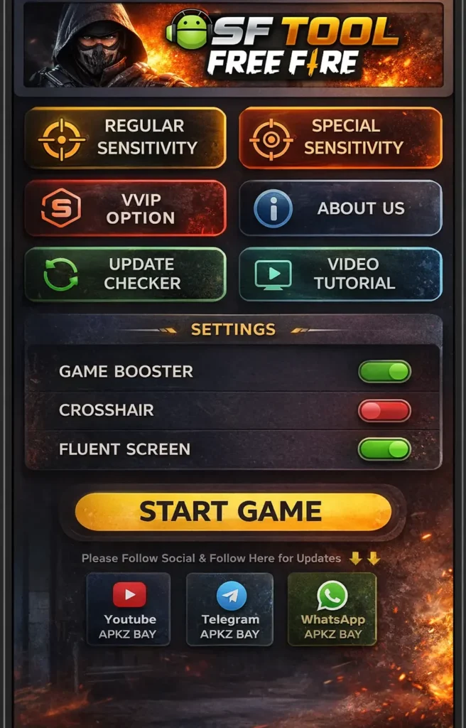 SF Tool Free Fire interface screenshot showing sensitivity buttons, settings toggles, and start game button