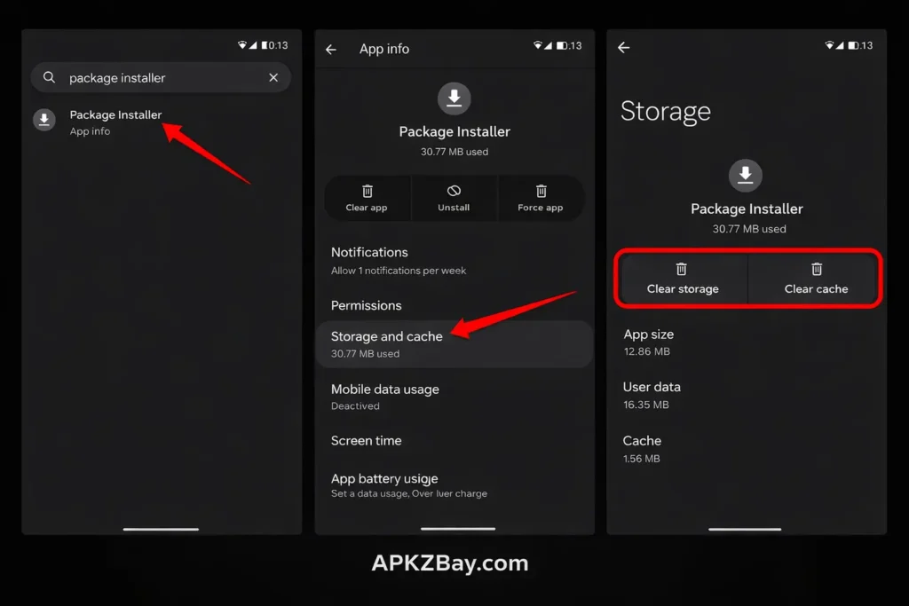 Android screenshot showing how to clear Package Installer storage and cache with APKzBay.com at the bottom