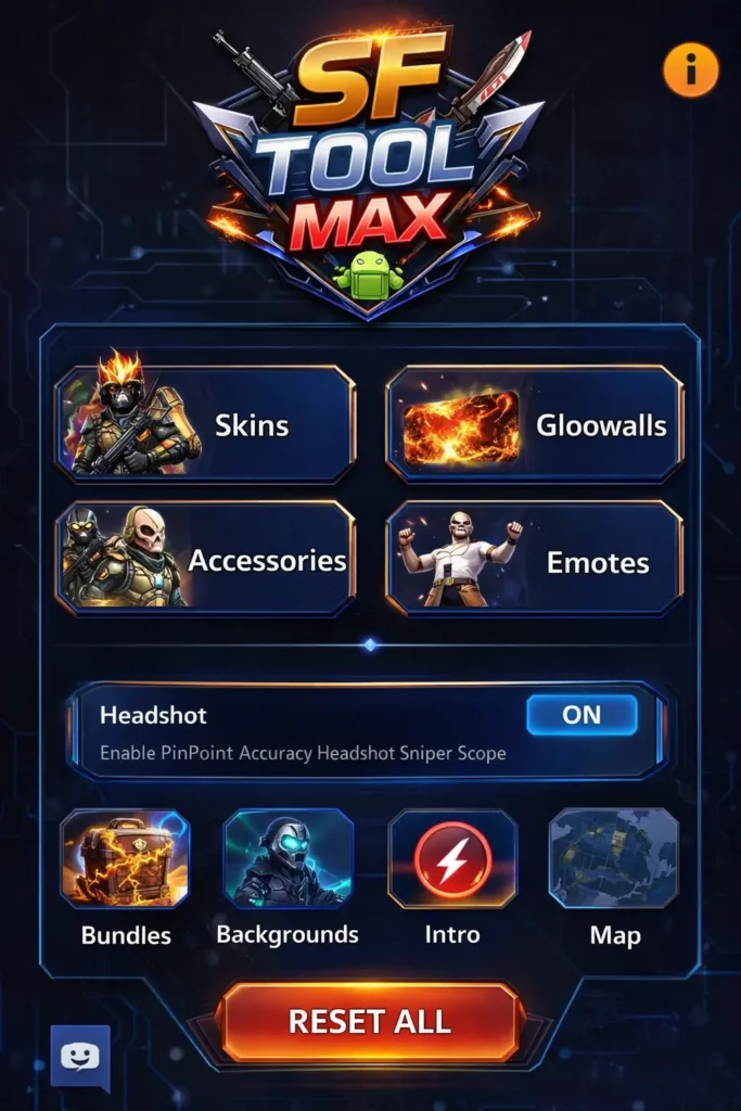 SF Tool Max interface screenshot showing skins, gloowalls, accessories, emotes, headshot toggle, and reset button in a blue gaming-style layout
