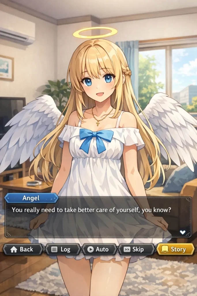 Anime visual novel game screenshot showing an angel character in a story dialogue scene on mobile