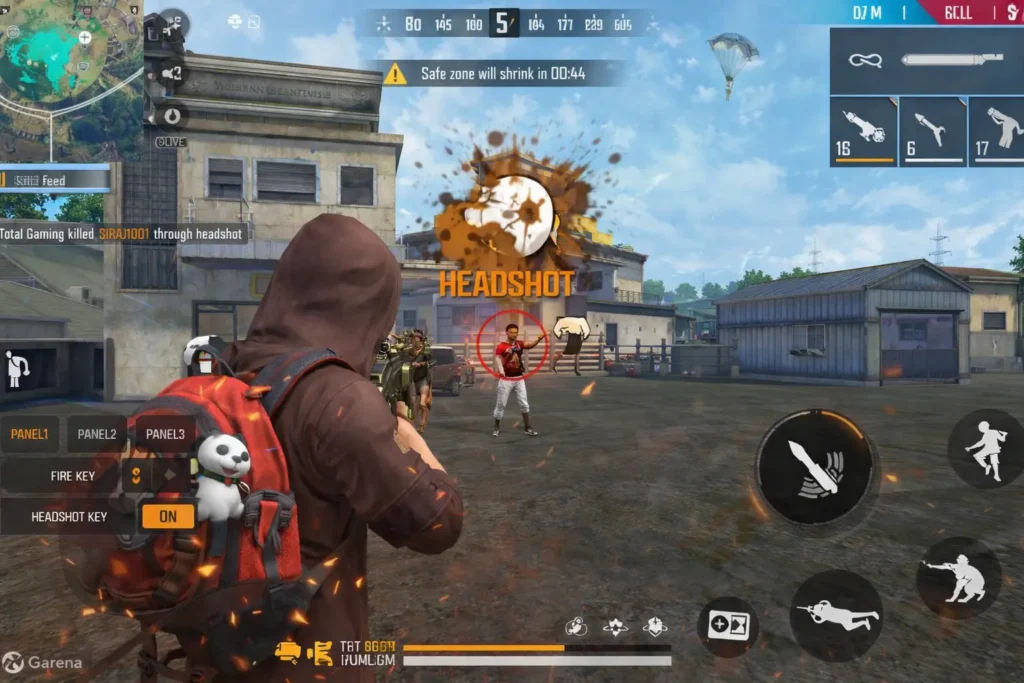 Battle royale mobile game interface showing a player aiming at an enemy in an industrial area with headshot effect, minimap, controls, and weapon HUD