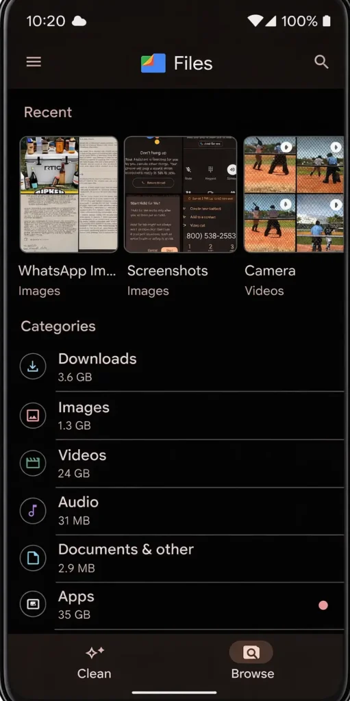 Google Files app screenshot showing Android storage categories including downloads, images, videos, audio, documents, and apps