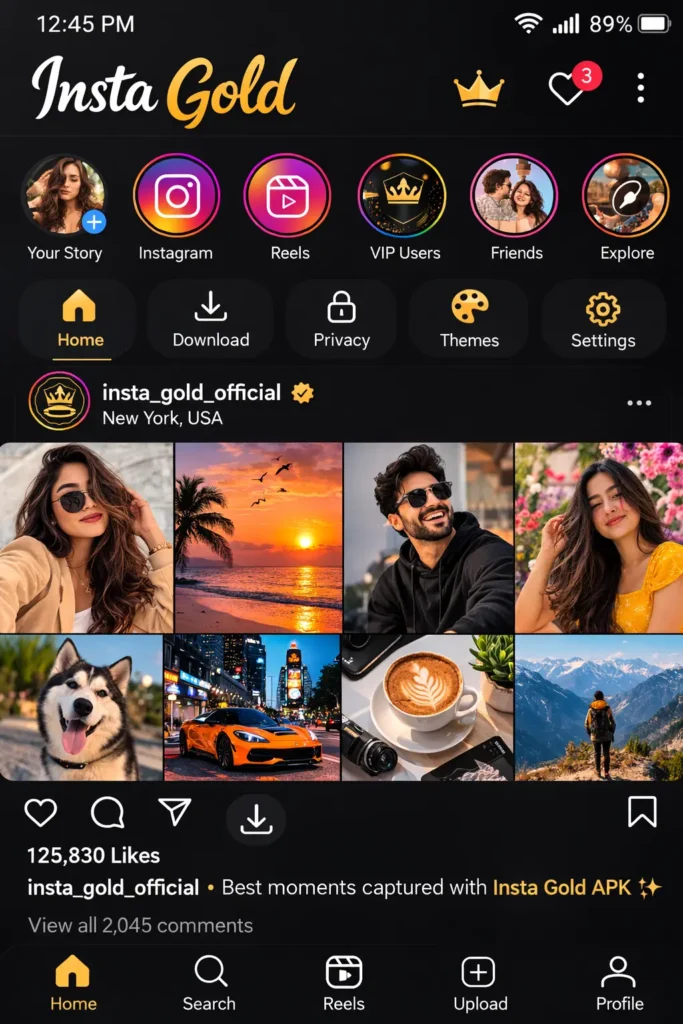 Insta Gold APK dark mode screenshot with gold accents, story highlights, feature shortcuts, and social media grid layout