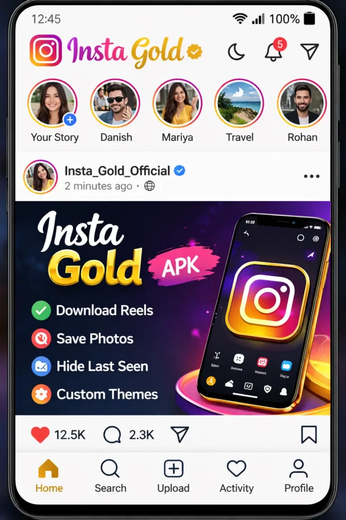 Insta Gold APK app layout screenshot showing Instagram-style home feed with gold theme, story icons, APK banner, and download features