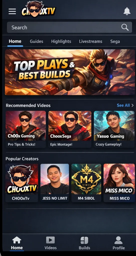 Concept screenshot of Choox TV ML APK showing the home screen layout with video categories, featured content banner, creator thumbnails, search bar, and bottom navigation
