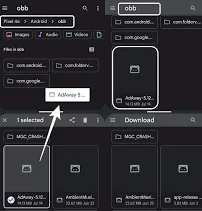 File manager screenshot showing how to locate and move OBB files on Android 14 with highlighted folders.