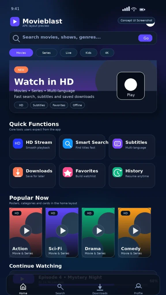 Concept screenshot of Movieblast APK showing the home screen layout with search bar, categories, featured banner, quick functions, movie cards, and bottom navigation