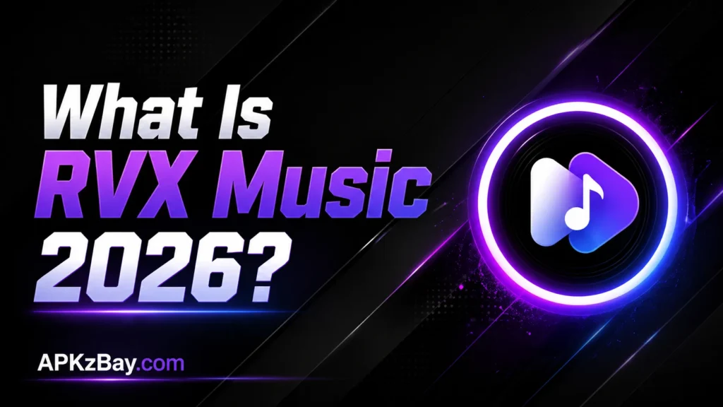 What Is RVX Music 2026 featured image with neon purple music icon and APKzBay.com branding
