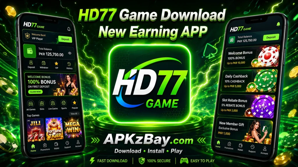 HD77 Game download for Android banner with APKzBay.com branding, green neon app logo, mobile screens, bonus offers, and casino-style gaming design