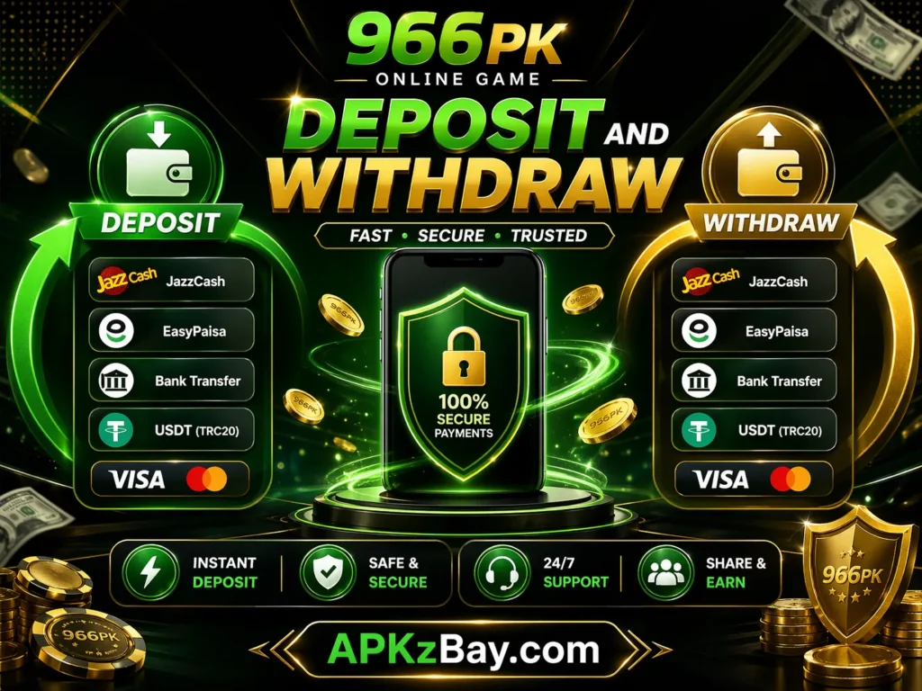 Bonuses, promotions, and referral offers in 966PK showing secure deposit and withdrawal options, payment methods, rewards features, and APKzBay.com branding