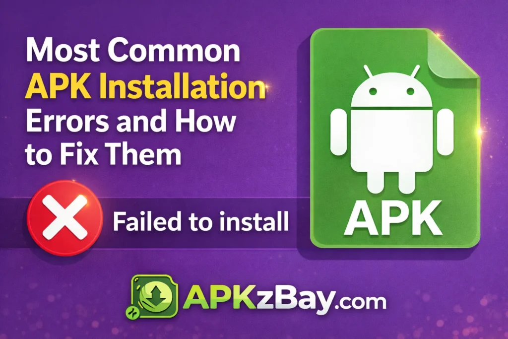 Most common APK installation errors and how to fix them graphic with failed to install warning, APK file icon, and APKzBay.com branding