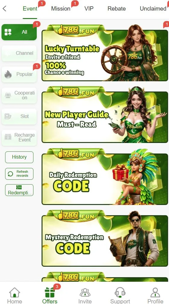 786Fun Game offers page showing bonuses, promotions, lucky turntable, new player guide, daily redemption code, and referral rewards