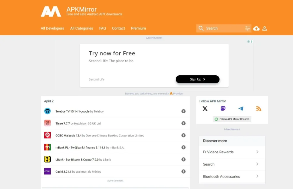 Screenshot of APKMirror homepage showing search bar, latest Android APK uploads, and app update listings