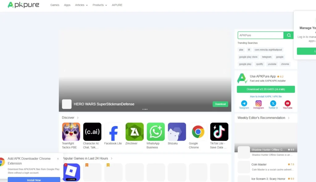 Screenshot of APKPure homepage showing app categories, search bar, and featured Android app downloads