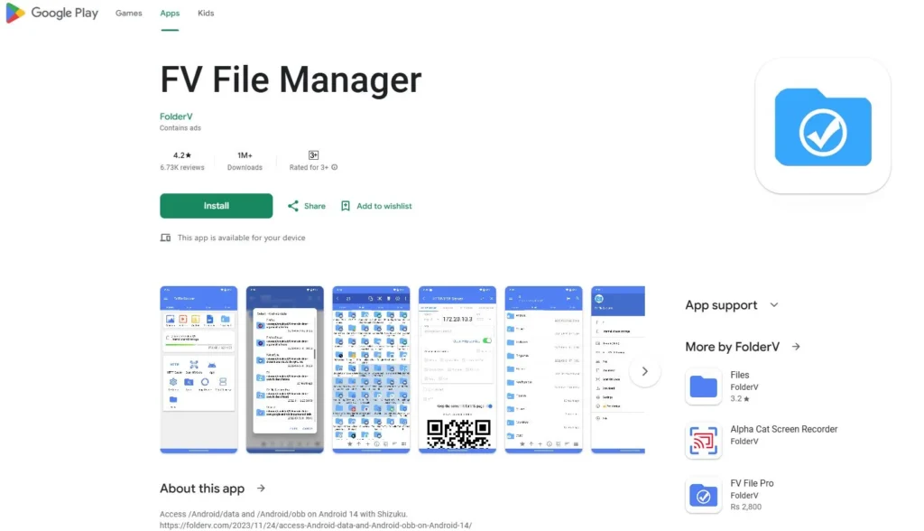 Google Play Store FV File Manager app page showing install button and app details