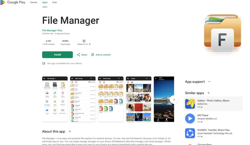 Google Play Store File Manager app page showing install button and app details