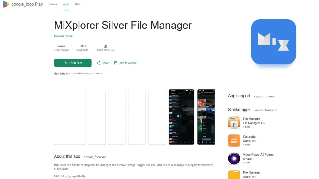 Google Play Store MiXplorer Silver File Manager app page showing buy button and app details