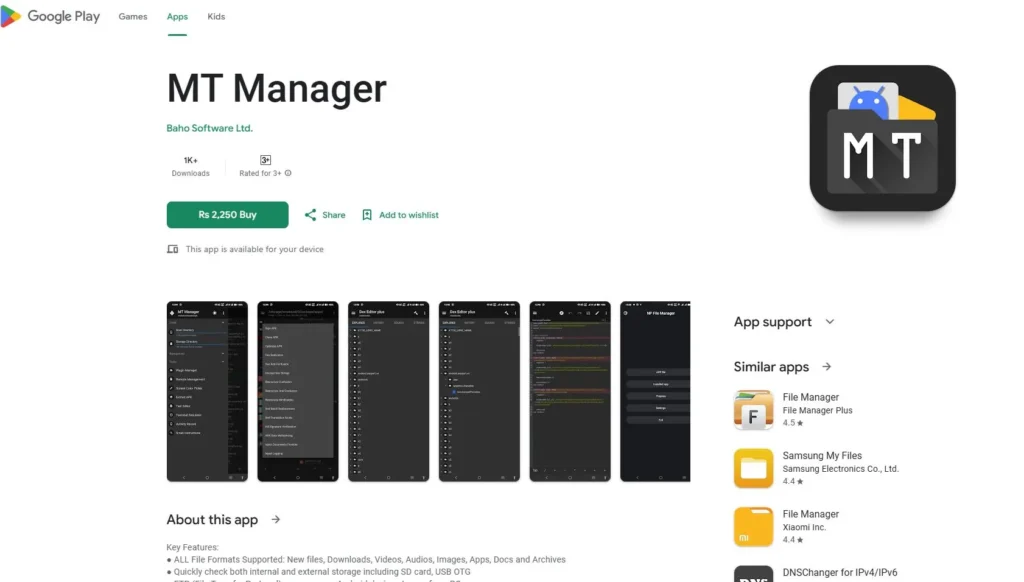 Google Play Store MT Manager app page showing buy button and app details