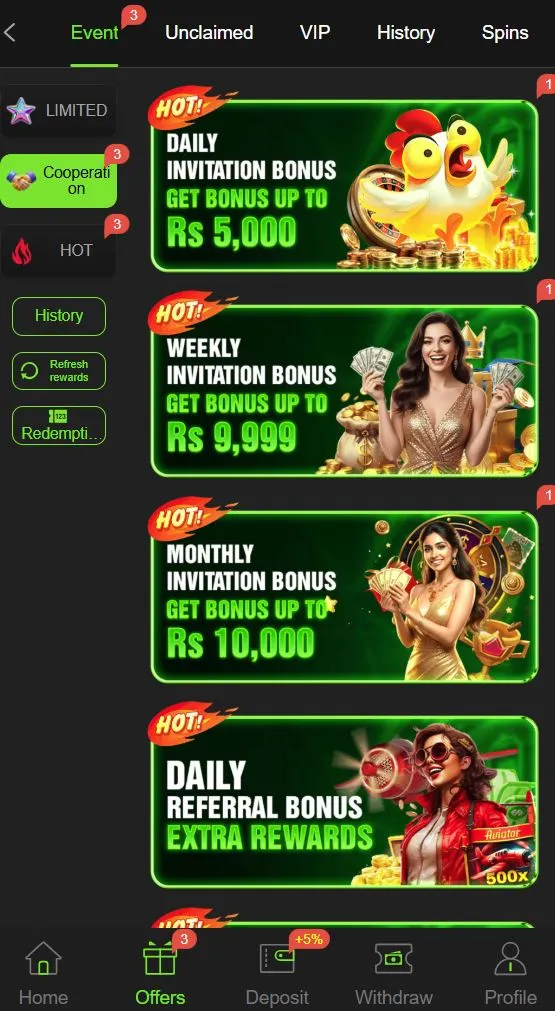 Bet877 game extra benefits and game options screen showing invitation bonuses referral rewards and promotional offer banners