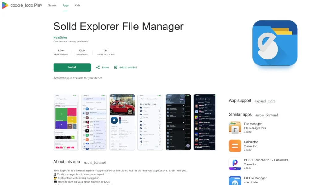 Google Play Store Solid Explorer File Manager app page showing install button and app details