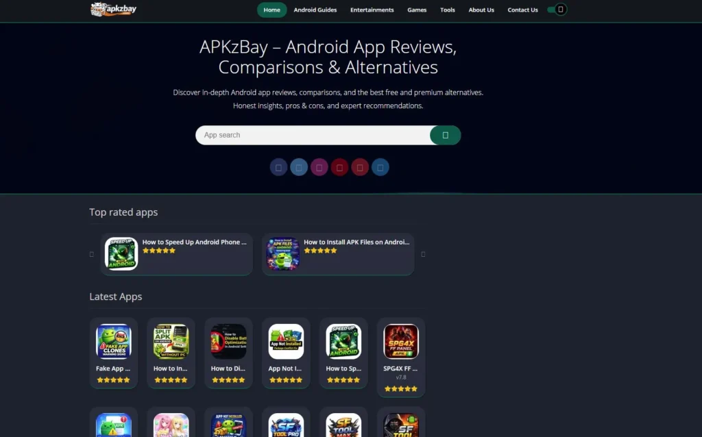 Screenshot of APKzBay homepage showing Android app reviews, search bar, top rated apps, and latest app listings