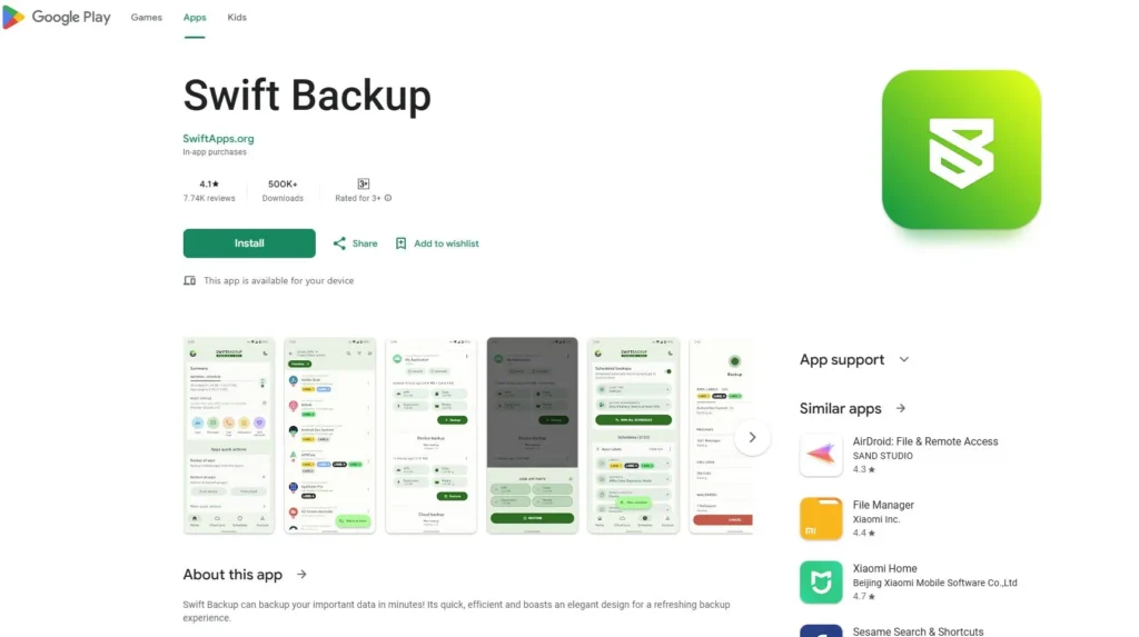 Google Play Store Swift Backup app page showing install button and app details