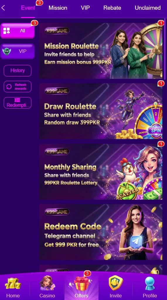 Bonuses and Promotions in X99 Game showing event rewards, VIP offers, mission roulette, draw roulette, monthly sharing, and redeem code options