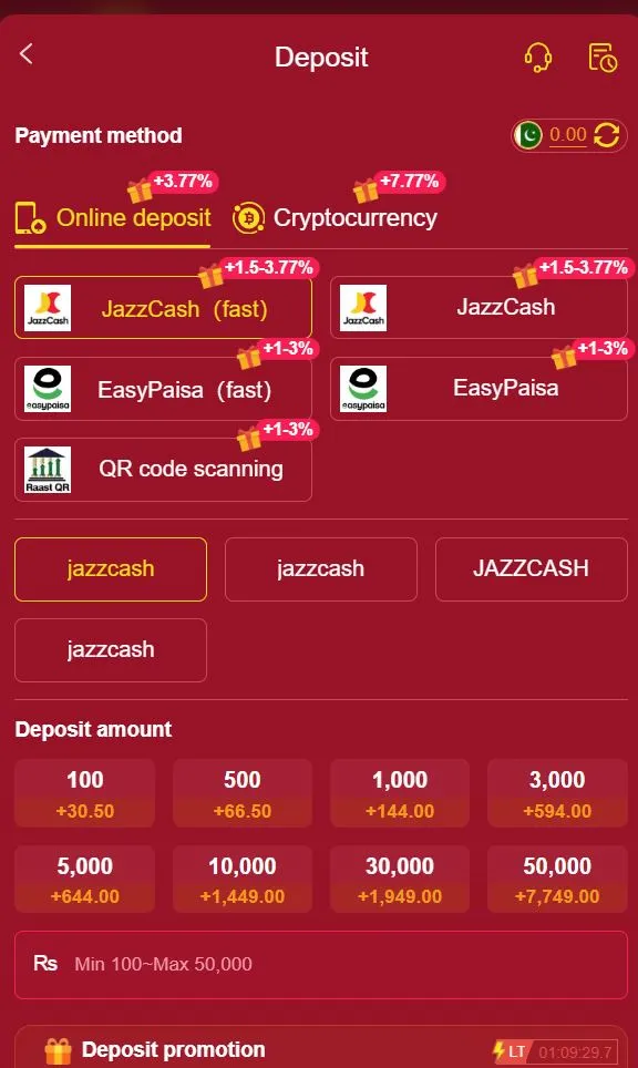 YK888 Game deposit screen showing JazzCash, Easypaisa and cryptocurrency payment options in Pakistan