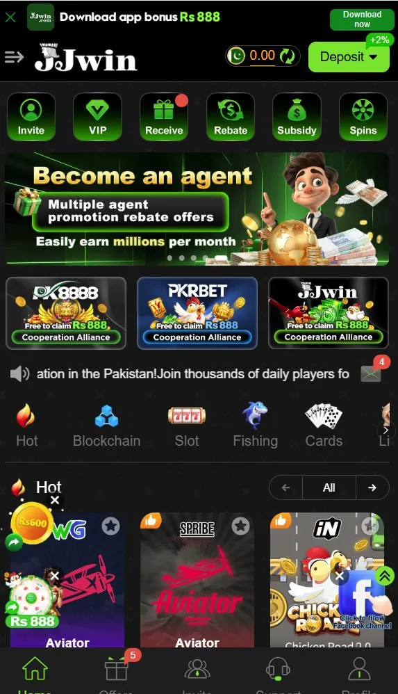 JJWin Game APK interface showing deposit option, bonuses, VIP rewards, spins, agent offers, and multiple earning game categories