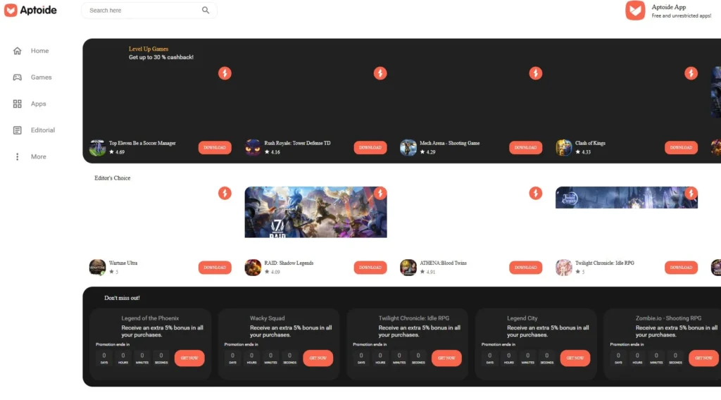 Screenshot of Aptoide homepage showing app categories, search bar, featured games, and Android app download sections