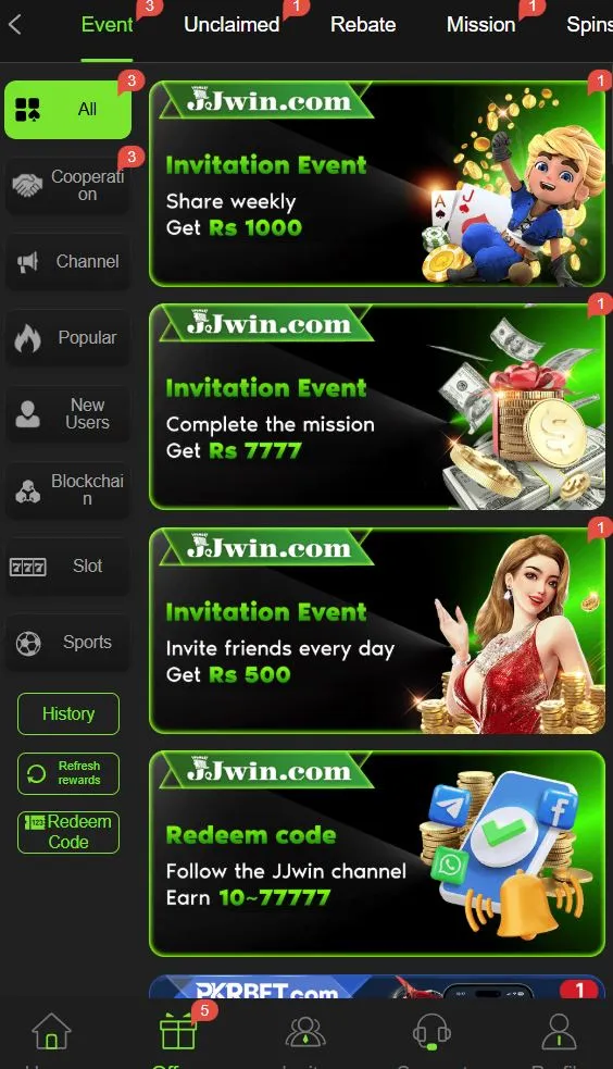 Bonus and referral options in JJWin Game APK showing invitation events, mission rewards, redeem code offers, and earning bonuses